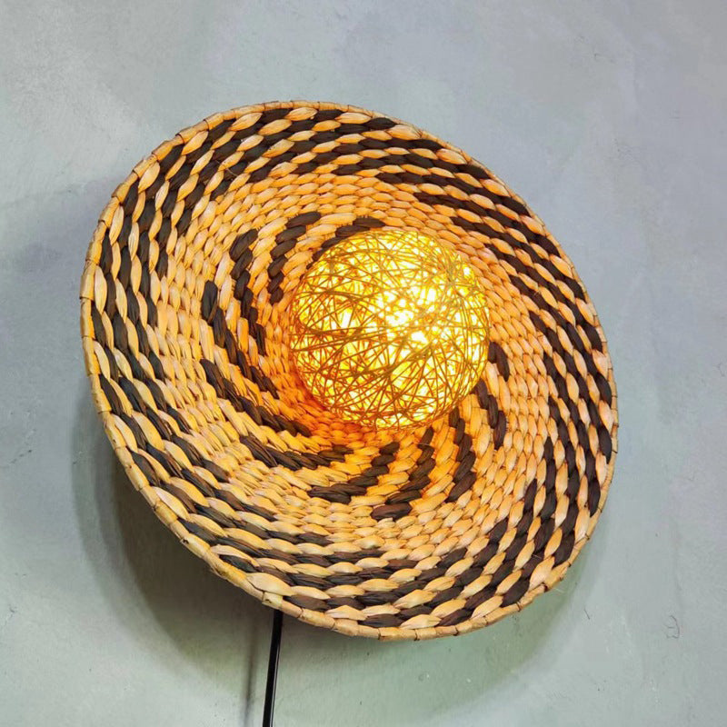 Traditional Chinese Round Orb Hand Woven Rattan 1-Light Wall Sconce Lamp For Living Room