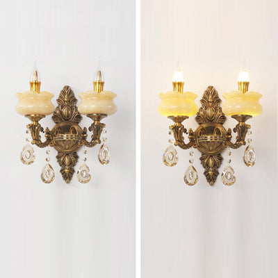 Traditional European Candlestick Holder Floral Zinc Alloy Jade Crystal 2-Light Wall Sconce Lamp For Living Room