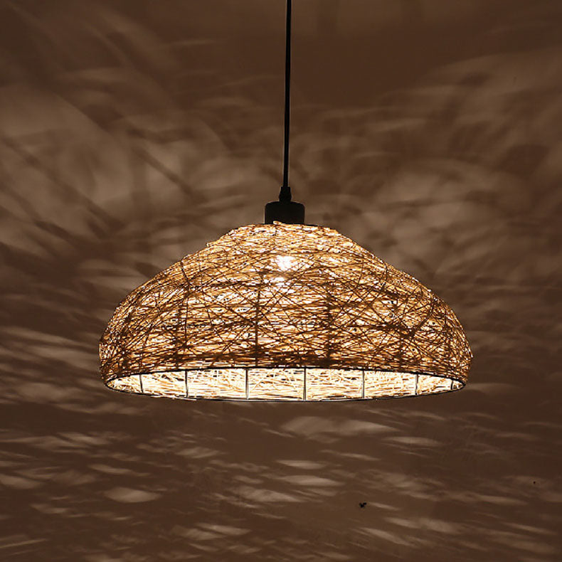 Traditional Chinese Rattan Weaving Round Shade 1-Light Pendant Light For Dining Room