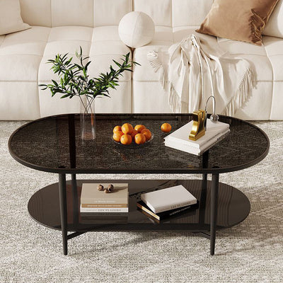 Contemporary Retro Elliptical Weaving Glass Iron Coffee Table 2-Tier For Living Room