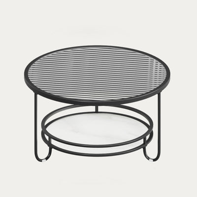 Modern Simplicity Round Striped Glass Slab Metal Coffee Table 2-Tier For Living Room