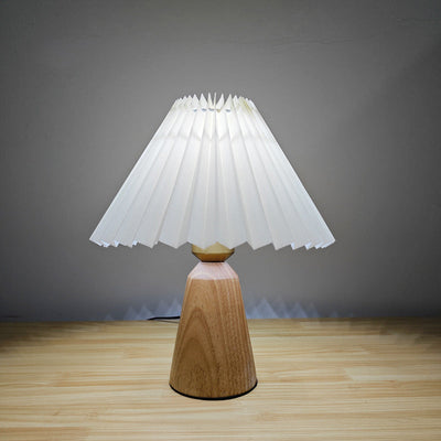 Contemporary Scandinavian Trapezoidal Pleated Fabric Wood 1-Light Table Lamp For Bedroom