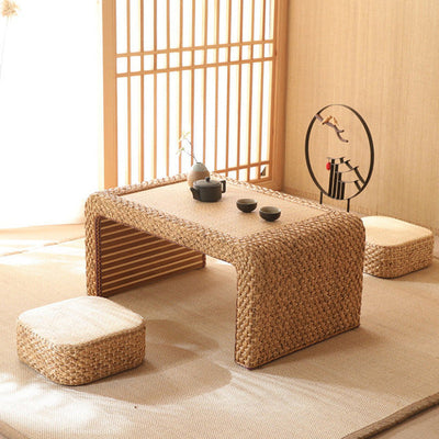 Traditional Japanese Rectangular Rattan Wooden Frame Tatami Coffee Table For Living Room