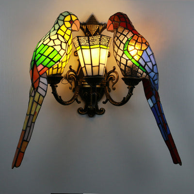 Traditional Tiffany Parrot Round Table Half Round Iron Glass 3-Light Wall Sconce Lamp For Living Room