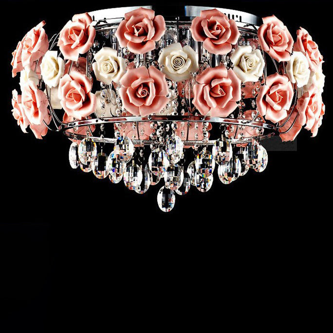 Modern Minimalist Rose Round Crystal Branch Crystal Iron 5/6 Light Flush Mount Ceiling Light For Bedroom