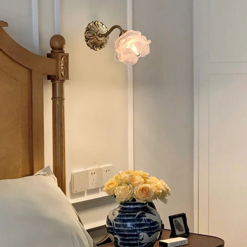 Traditional French Flower Cylinder Ball Copper Glass 1-Light Wall Sconce Lamp For Bedside