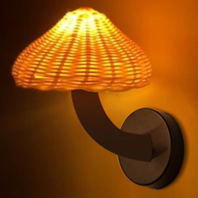 Traditional Japanese Rattan Iron Mushroom Shape 1-Light Wall Sconce Lamp For Bedroom