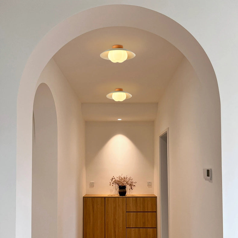 Modern Minimalist Round Ball Bowl PE Wood Iron 1-Light Semi-Flush Mount Ceiling Light For Living Room