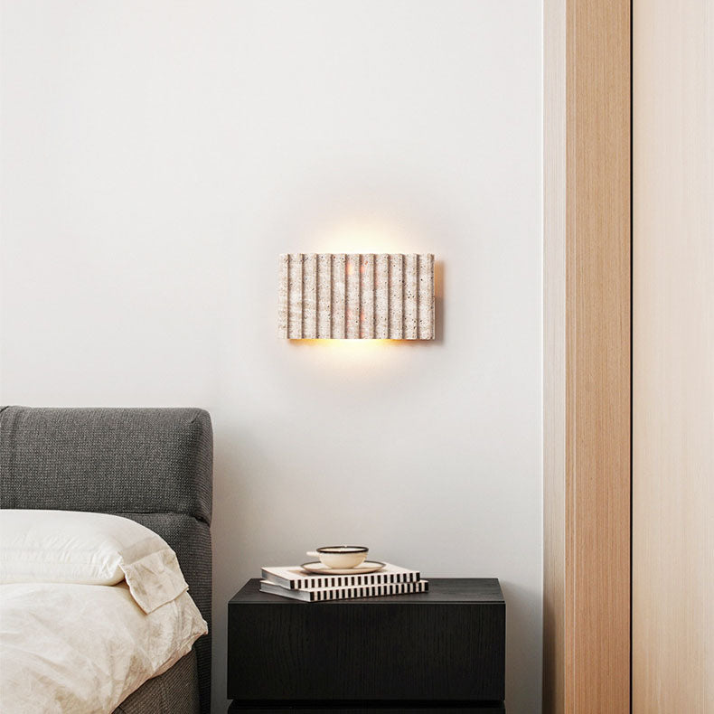 Contemporary Retro Grille Beige Travertine Rectangle 1-Light Wall Sconce Lamp For Bedroom