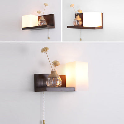 Modern Minimalist Rectangular Square Shelf Wood Glass 1-Light Wall Sconce Lamp For Bedroom