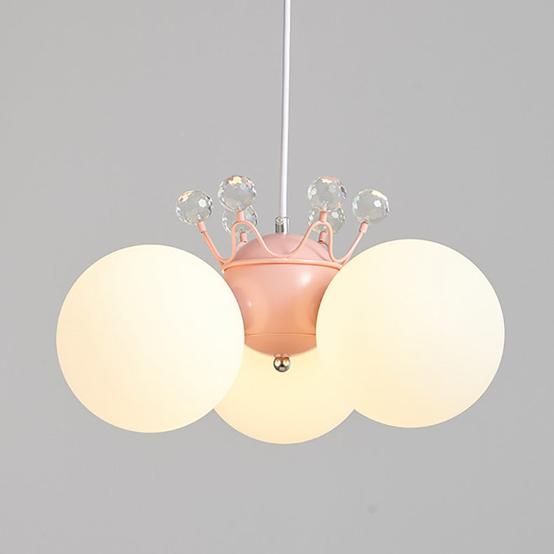 Contemporary Creative Cream Hardware Crystal Decor PE Round Shade 3-Light Kids Chandelier For Living Room