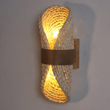 Traditional Japanese Straw Woven Cattail Leather Wrapping Round 1-Light Wall Sconce Lamp For Living Room