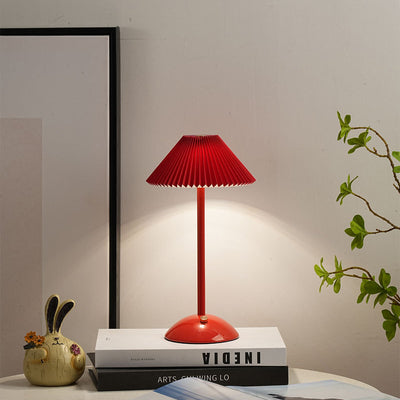 Contemporary Scandinavian Rechargeable Iron Fabric Conic Pleated LED Table Lamp For Bedside