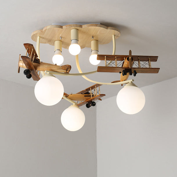 Contemporary Nordic Kids Iron Rubber Wood Glass Plane Cloud Ball 6-Light Flush Mount Ceiling Light For Bedroom