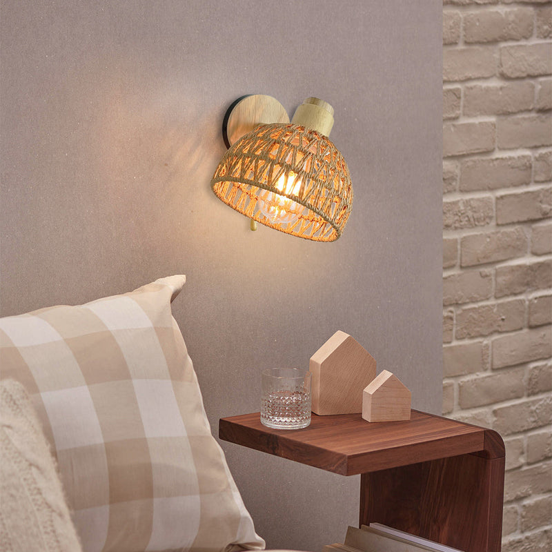 Traditional Farmhouse Paper Rattan Weaving Hollow Out Dome 1-Light Wall Sconce Lamp For Bedroom