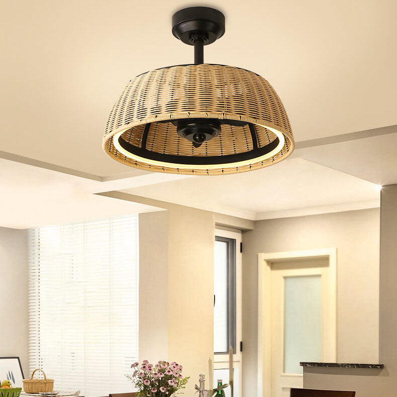 Modern Creative Rattan Weaving Round LED Downrods Ceiling Fan Light