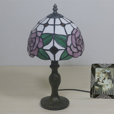 Traditional Tiffany Dome Rose Zinc Alloy Stained Glass 1-Light Table Lamp For Bedroom