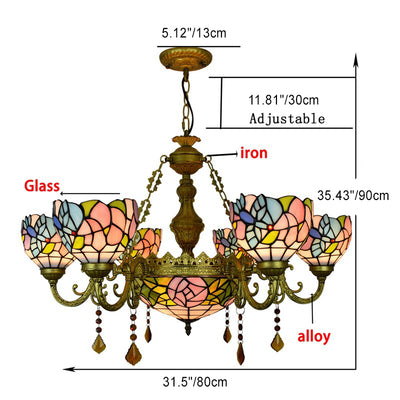 Traditional Tiffany Flower Dome Iron Glass Alloy 8/11 Light Chandeliers For Living Room