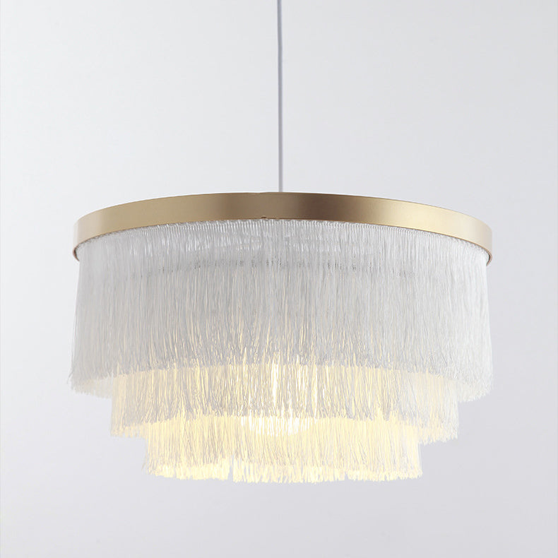 Contemporary Scandinavian Tassel Round Silk Polyester Iron 1-Light Pendant Light For Bedroom