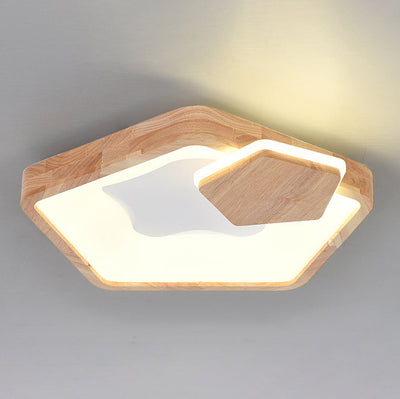 Modern Minimalist Pentagonal Star Wood Grain Acrylic LED Flush Mount Ceiling Light For Bedroom