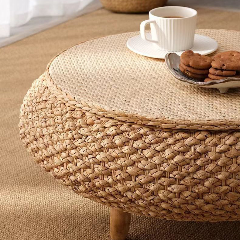 Traditional Japanese Oval Rattan Woven Wooden Coffee Table Storage For Living Room