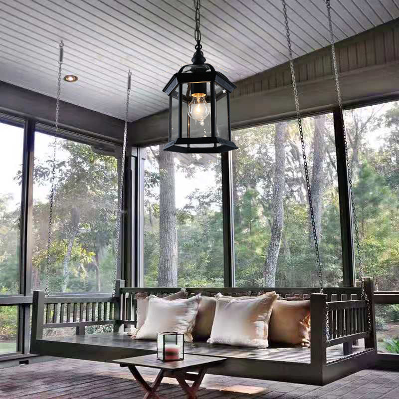 Modern Minimalist Hexagonal Column Aluminum Glass 1-Light Outdoor Pendant Light For Garden