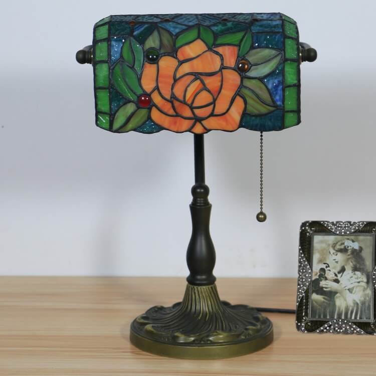 Tiffany Vintage Blooming Flowers Stained Glass 1-Light Bank Table Lamp