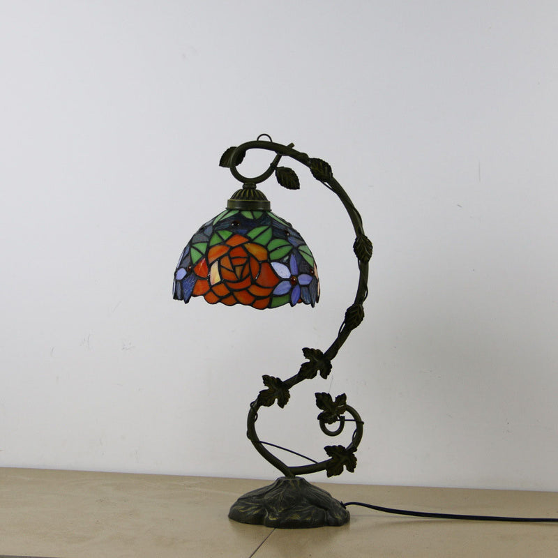 Traditional Tiffany Half Round Flower Vine Resin Stained Glass 1 Light Table Lamp For Bedroom