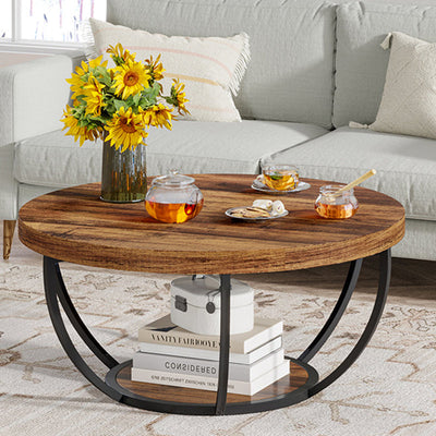 Modern Luxury Round Top Density Board Steel Coffee Table 1-Shelf For Living Room