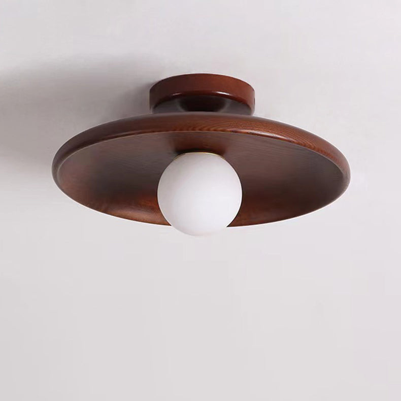 Contemporary Simplicity Round Wood Glass 1-Light Semi-Flush Mount Ceiling Light For Living Room