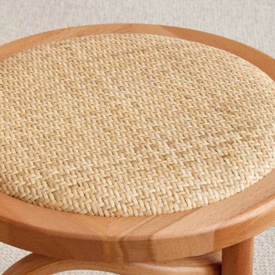 Contemporary Scandinavian Round Rattan Wood Vanity Stool Backrest Armless For Bedroom