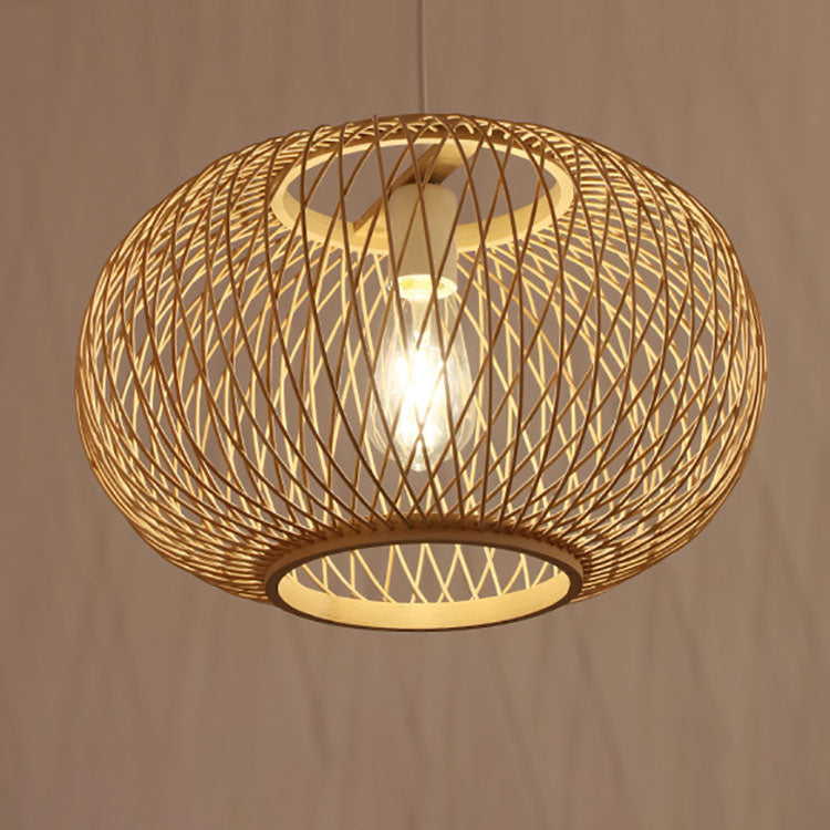 Traditional Japanese Weaving Bamboo Iron Ball Lantern 1-Light Pendant Light For Dining Room