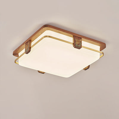 Traditional Chinese Walnut Copper Acrylic Round Square Rectangular LED Flush Mount Ceiling Light For Living Room