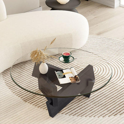 Contemporary Scandinavian Glass Triangular Wooden Base Coffee Table For Living Room