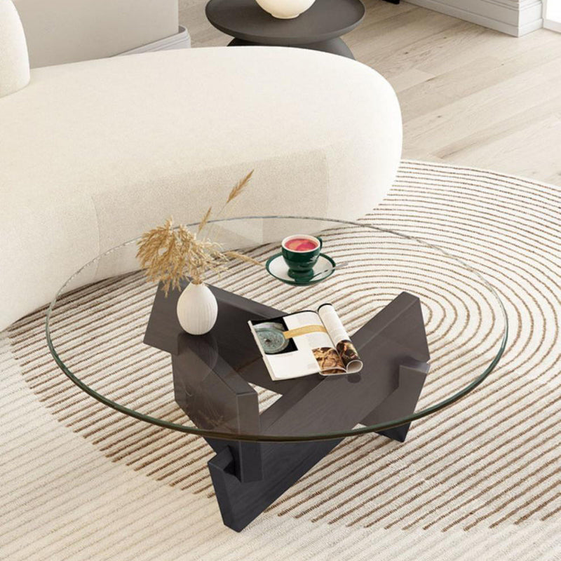 Contemporary Scandinavian Glass Triangular Wooden Base Coffee Table For Living Room