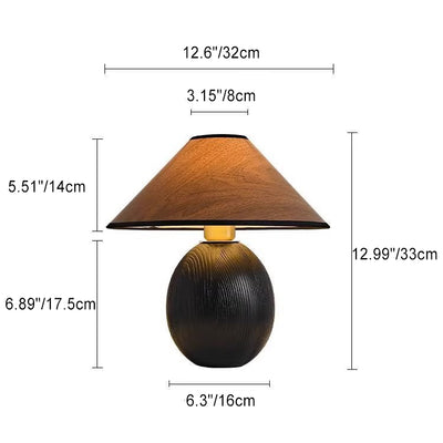 Traditional Japanese Fabric Ash Wood Conic Elliptical 1-Light Table Lamp For Bedside