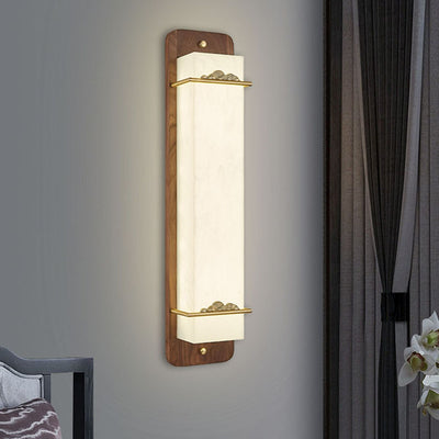 Traditional Chinese Brass Walnut Acrylic Rectangular Cloud LED Wall Sconce Lamp For Bedside