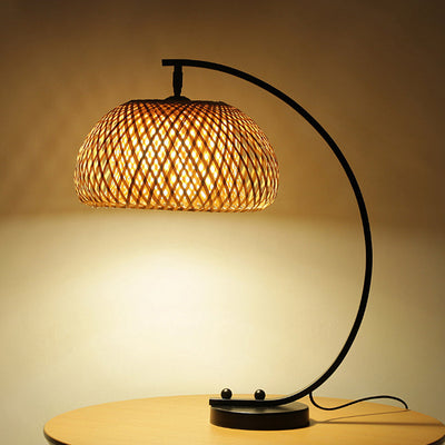 Traditional Chinese Curved Pole Round Mesh Shade Iron Bamboo 1-Light Table Lamp For Bedroom