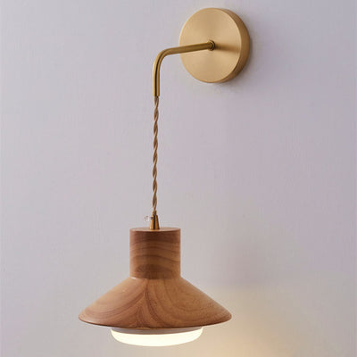 Traditional Japanese Mushroom Conic Rubber Wood 1-Light Wall Sconce Lamp For Bedside