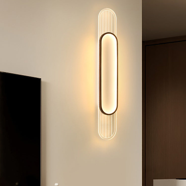 Modern Simplicity Imitation Wood Grain Edging Acrylic Grille Ellipse Shade LED Wall Sconce Lamp For Living Room