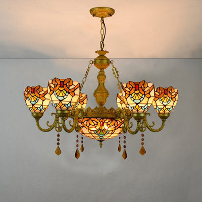 Traditional Tiffany Bead Dome Baroque Iron Glass Alloy 8/11 Light Chandeliers For Living Room