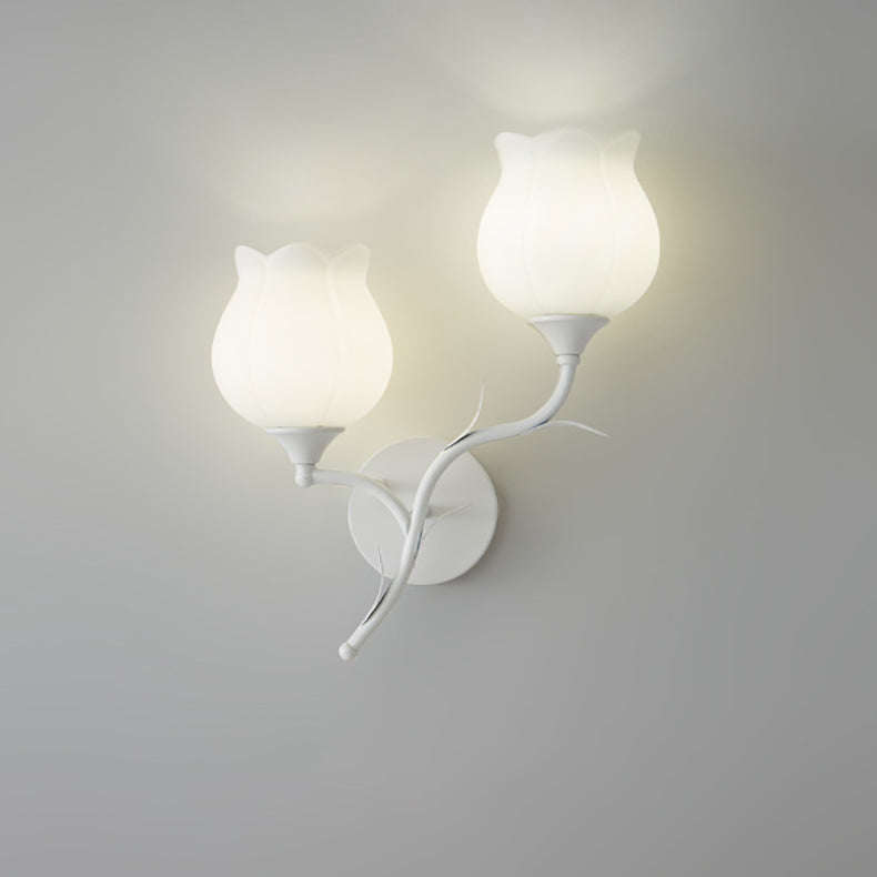 Modern Minimalist Cream Flower Iron Glass 1/2 Light Wall Sconce Lamp For Bedroom