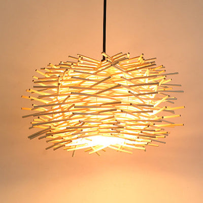 Traditional Japanese Rattan Weaving Birds Nest 1-Light Pendant Light For Living Room