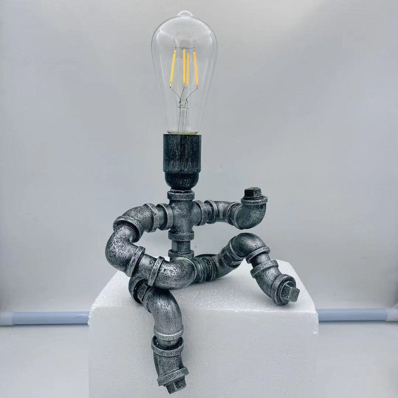 Contemporary Industrial Iron Water Pipe Robot Design 1-Light Table Lamp For Bedroom