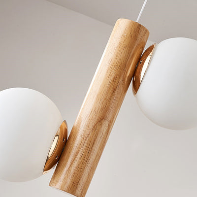 Modern Minimalist Orb Cylinder Iron Glass Oak Gum Wood 2-Light Pendant Light For Living Room