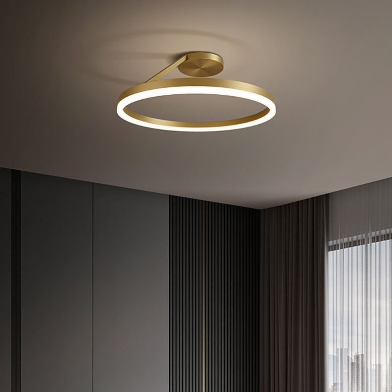 Modern Minimalist Full Copper Curved Line Round Shade LED Semi-Flush Mount Ceiling Light For Living Room