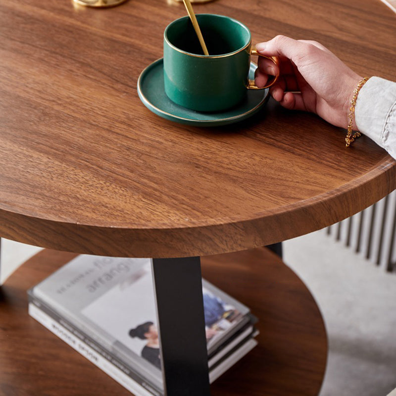 Contemporary Scandinavian Round Wood Iron End Table 2-Tier For Living Room