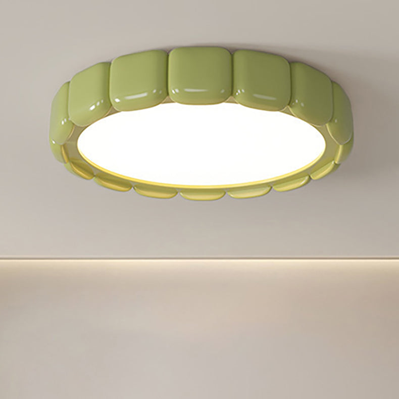 Contemporary Scandinavian Macaron Fiberglass Iron Round LED Flush Mount Ceiling Light For Bedroom