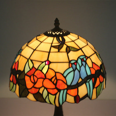 Traditional Tiffany Stained Glass Rose Flower Parrot Dome 1-Light Table Lamp For Bedroom