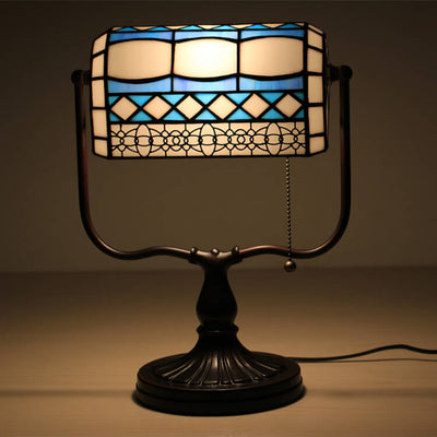 Traditional Tiffany Geometric Stained Glass Bank Pull Cord 1-Light Table Lamp For Home Office